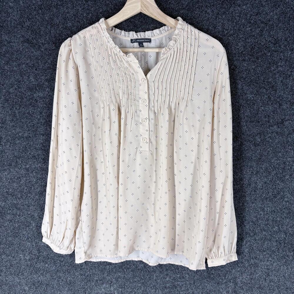 Adrianna Papell Blouse Women M Medium Beige Geometric V-Neck 1/2 Button Casual